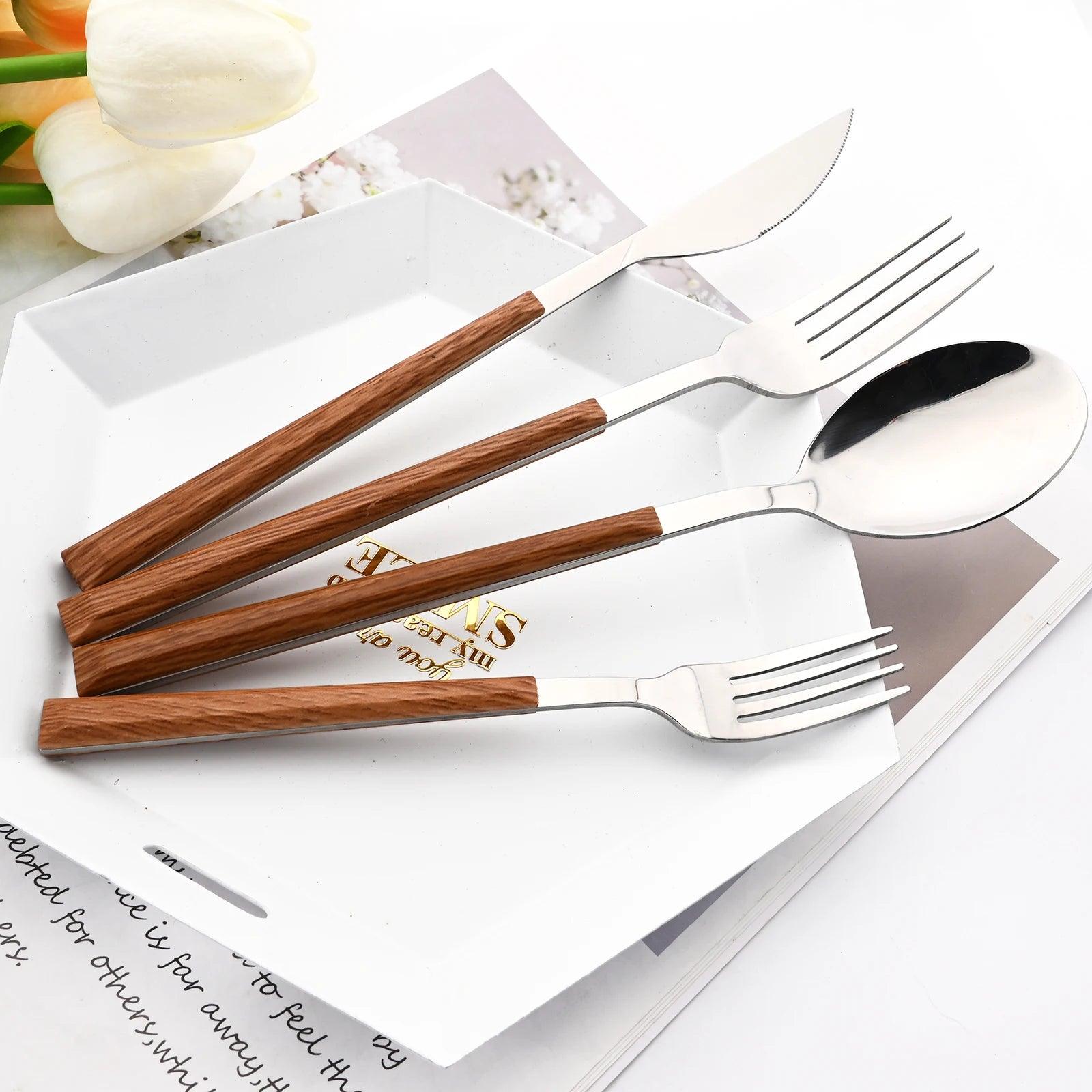 16/24/30 Pcs Stainless Steel Imitation Wood Handle