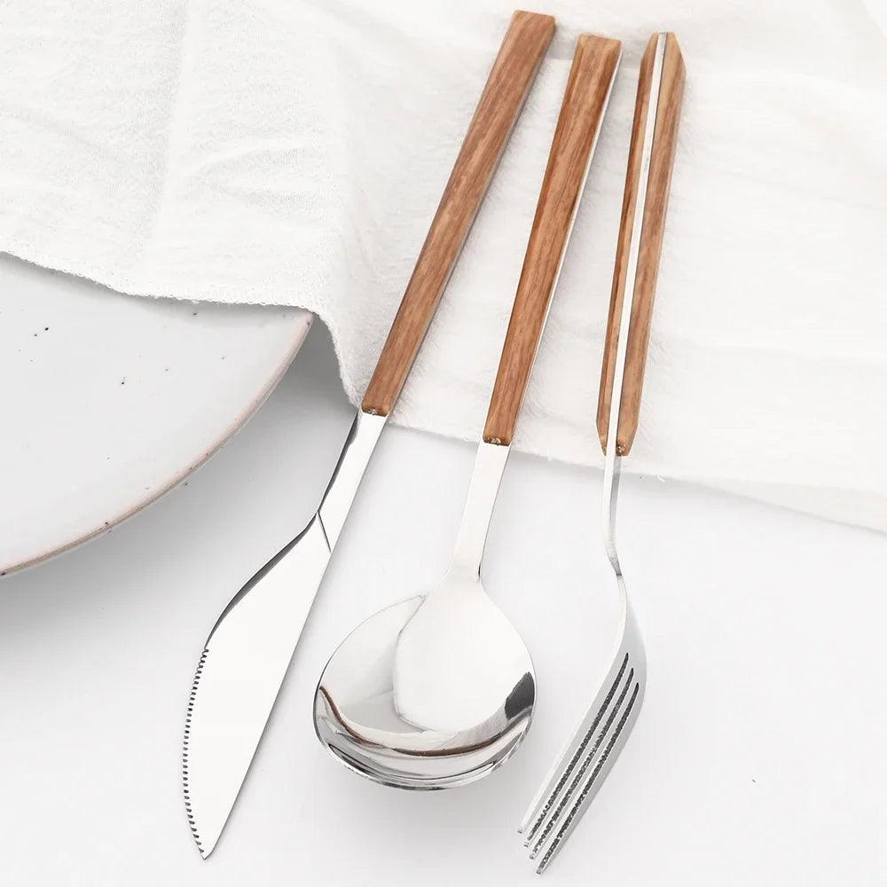 16/24/30 Pcs Stainless Steel Imitation Wood Handle