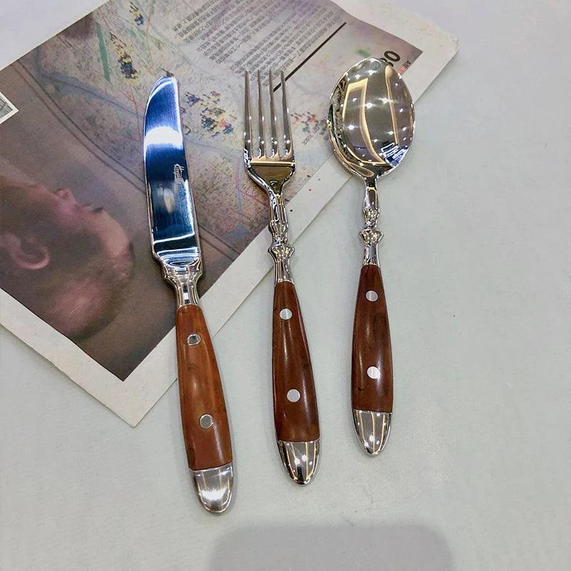 Fork Spoon Knife with Wooden Handle 
