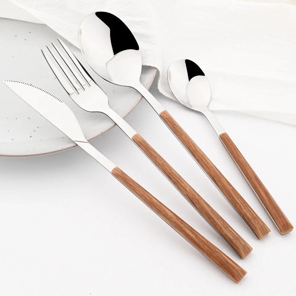 16/24/30 Pcs Stainless Steel Imitation Wood Handle